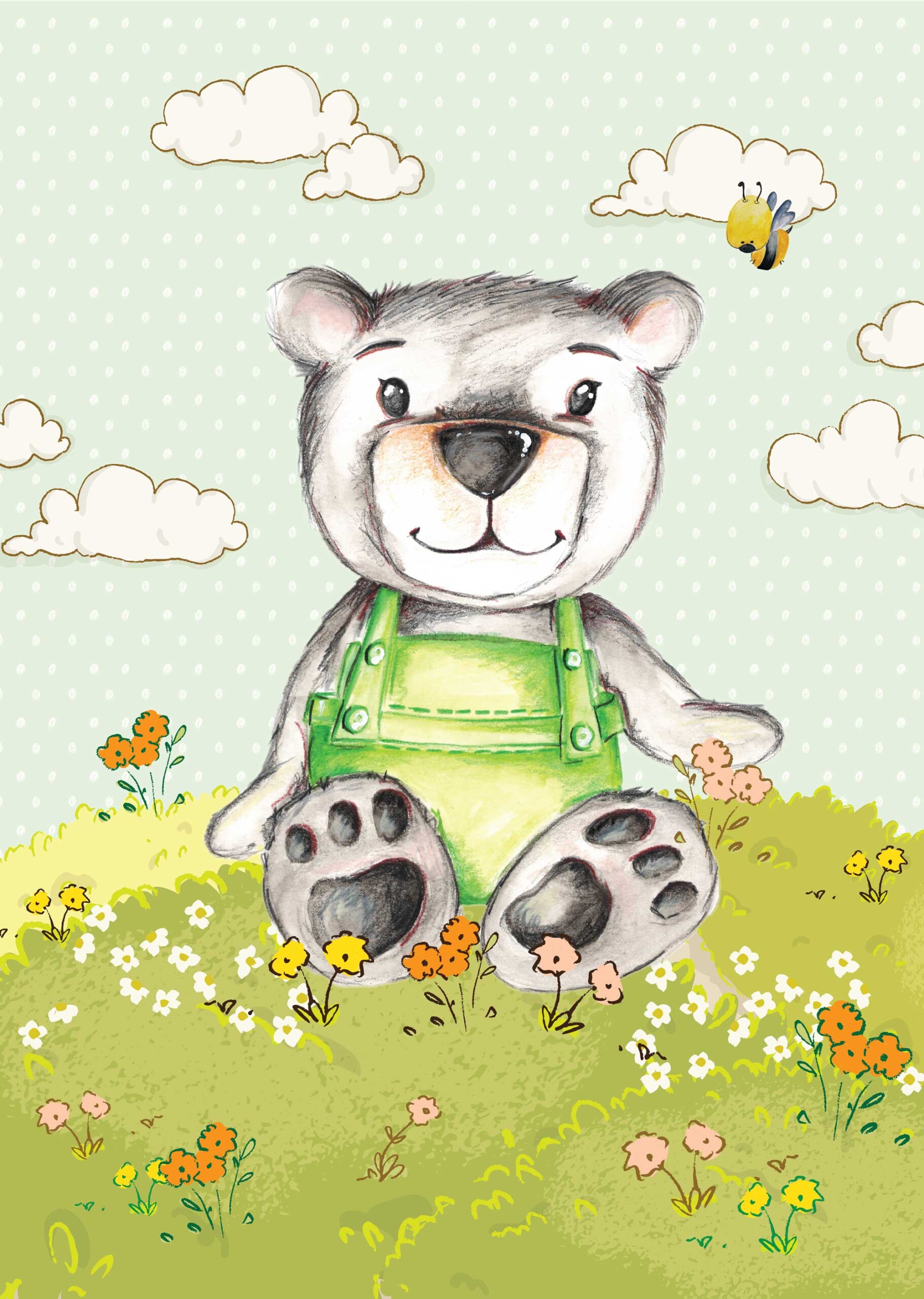 Cute bear in green sitting in a flower field illustration for kids room decor by Jess King Artist