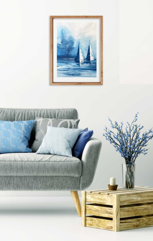 Drifting wall decor art by Jess King Artist of 2 boats sailing in blues