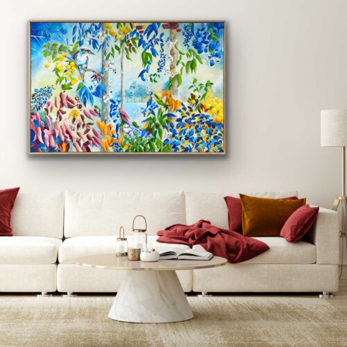 Essence of Australia contemporary landscape art print by Jess King Artist features the kookaburra in a vibrant colourful artwork