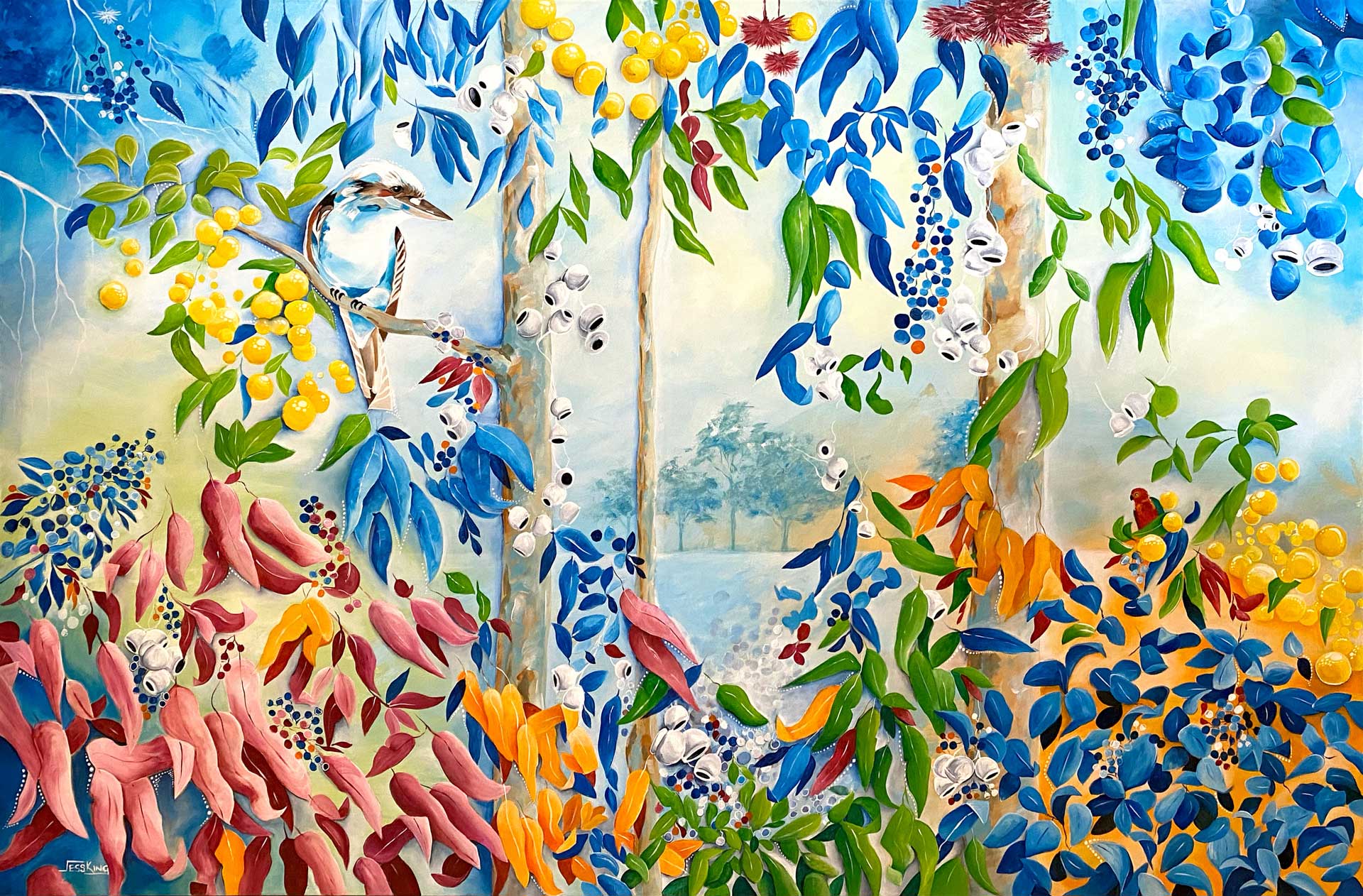 Essence of Australia contemporary landscape art print by Jess King Artist features the kookaburra in a vibrant colourful artwork