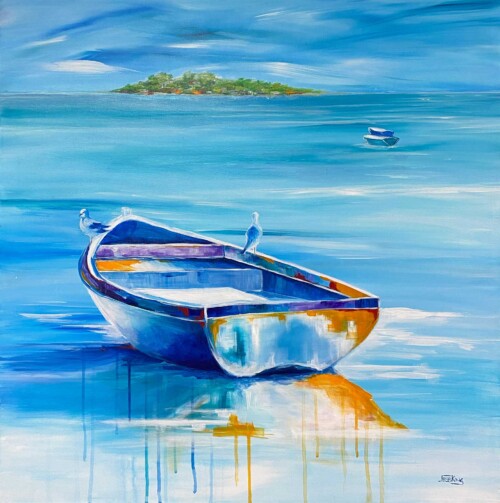 Hitching a ride boat on blue calm water art print by Jess King Artist