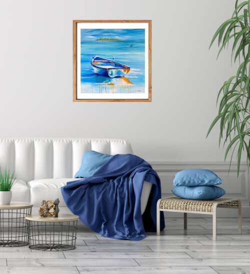 Hitching a ride boat on blue calm water art print by Jess King Artist