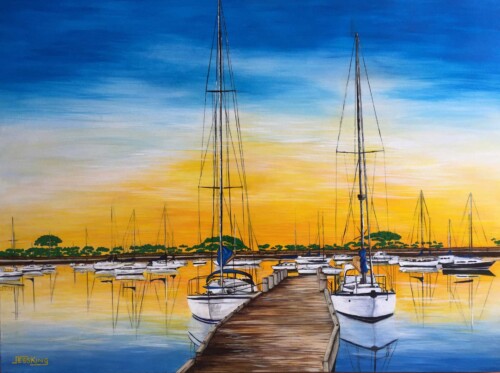 Lazy Sunday Afternoon art print by Jess King Artist of boats in a harbour with wood walkway at sunset