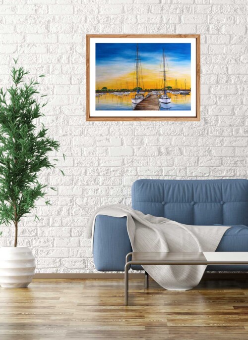 Lazy Sunday Afternoon art print by Jess King Artist of boats in a harbour with wood walkway at sunset