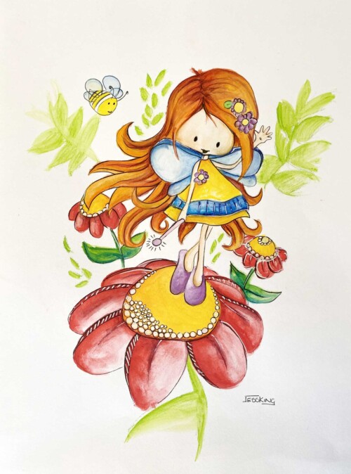 Lemon fairy in yellow dress wall art for a Childs bedroom decor by Jess King Artist
