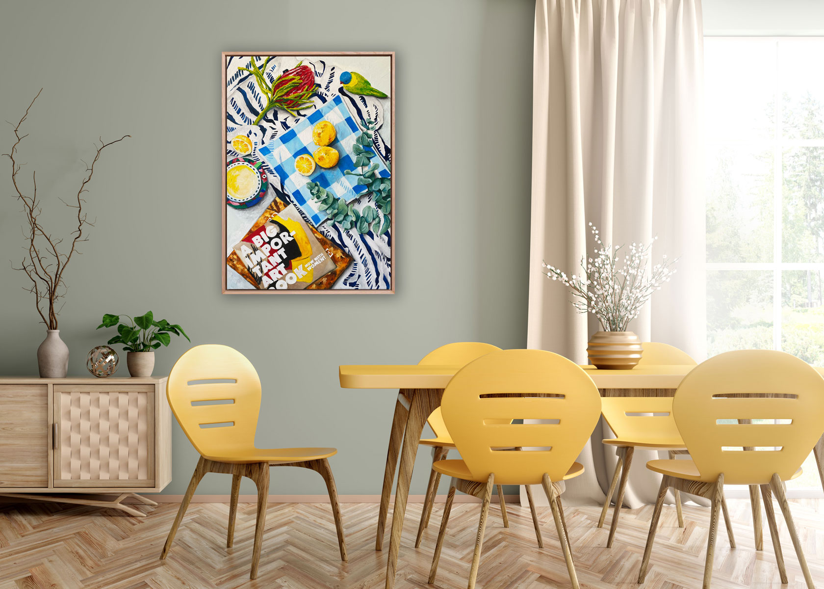 Monday Morning Tea Time still life with lorikeet and lemons by Jess King Artist