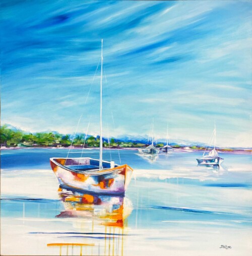 Peaceful Afternoon seascape art print. A single boat resting on peaceful water with spaces of blood colours under the big blue sly. Artwork by Jess King artist