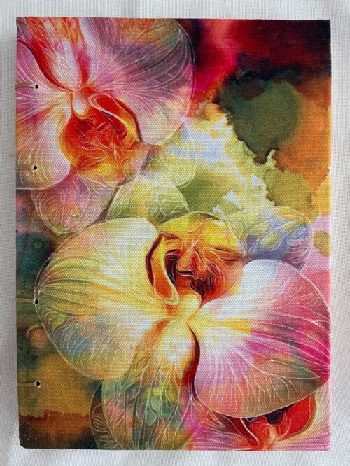 Pink orchid hand stitched journal by Jess King Artist