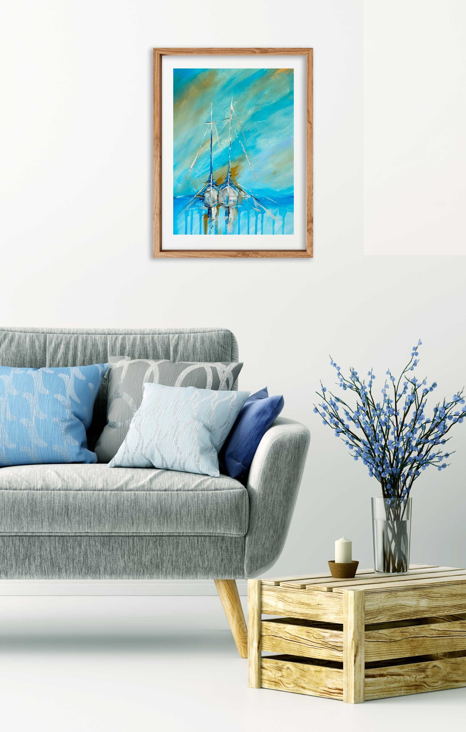 Sailing sunrise art print Jess King Artist, Seascape with dripping water effects