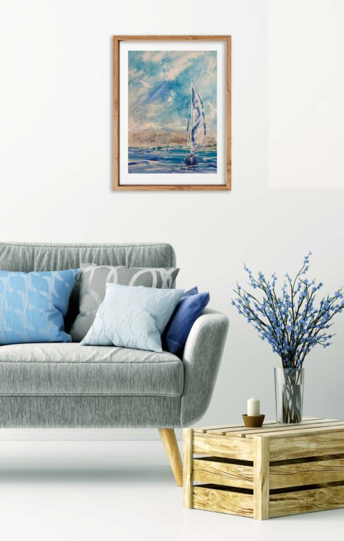 Summer Sailing moody seascape with sailboat nautical art print by Jess King Artist