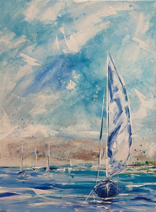 Summer Sailing moody seascape with sailboat nautical art print by Jess King Artist
