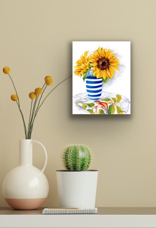 Sunflowers in Hamptons blue striped vase art print by Jess King Artist