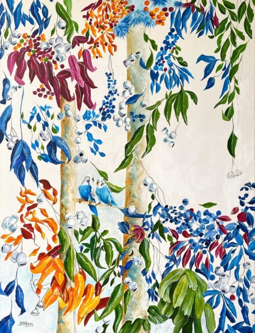 Australian trees and 2 budgies in blue art print by Jess King Artist