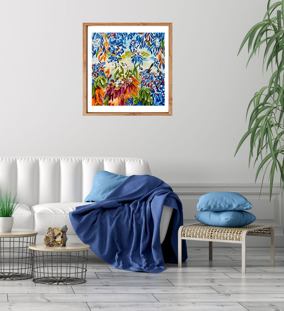 Through Nature's Veil contemporary landscape art print by Jess King Artist features fairy wren birds in a vibrant colourful artwork