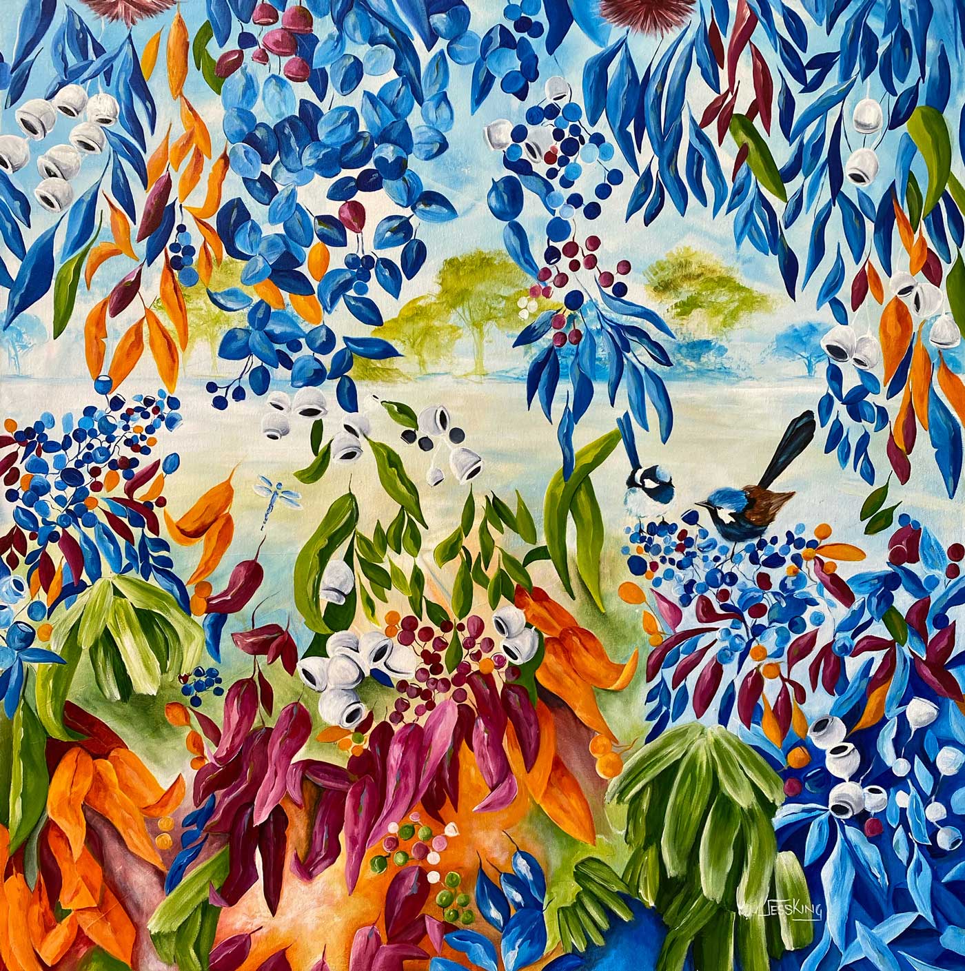 Through Nature's Veil contemporary landscape art print by Jess King Artist features fairy wren birds in a vibrant colourful artwork