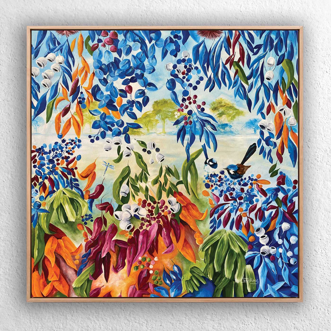 Through Nature's Veil contemporary landscape art print by Jess King Artist features fairy wren birds in a vibrant colourful artwork