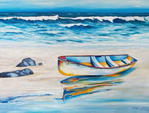 Weekend Esacpe is about resting on the beach with the ocean in the background. Art print by Jess King artist from original artwork