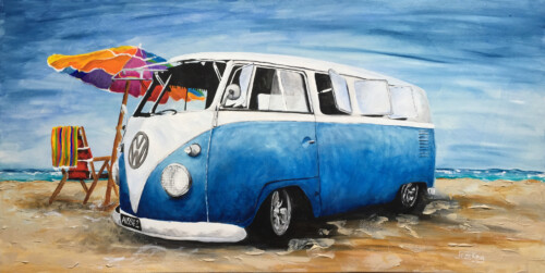 Aussie 2 blue combi kmobi van art print by Jess King Artist