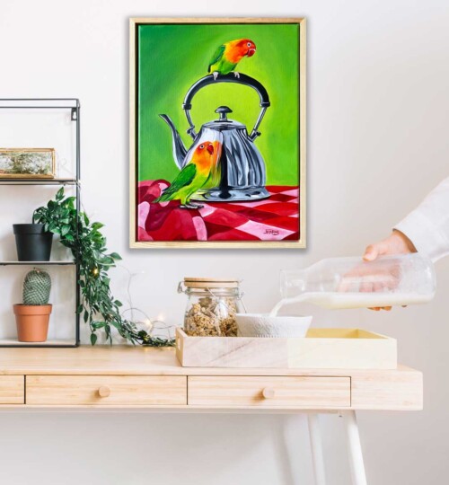 Two Fischer's lovebirds bring irreverent charm to a classic still life in this vibrant original oil painting By Jess King Artist