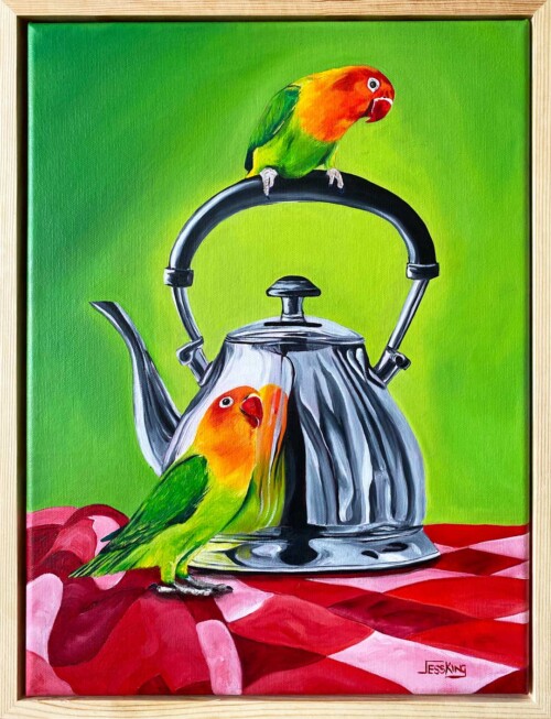Two Fischer's lovebirds bring irreverent charm to a classic still life in this vibrant original oil painting By Jess King Artist