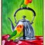 Two Fischer's lovebirds bring irreverent charm to a classic still life in this vibrant original oil painting By Jess King Artist