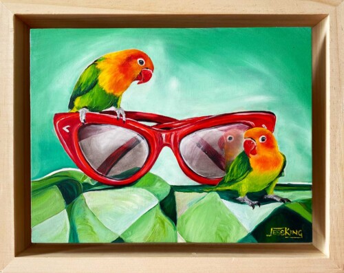 Look At Me Love Birds oil on board by Jess King Artist. Art for small spaces