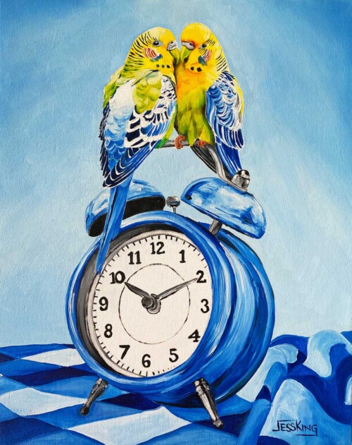 Two budgerigars huddle together on a vintage blue alarm clock in this tender and joyful oil painting. By Jess King Artist