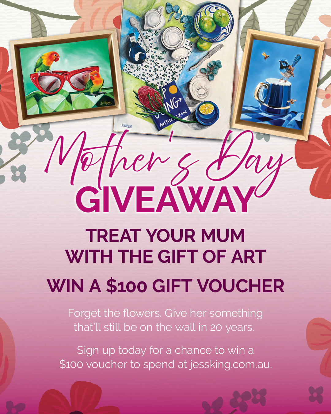 Mothers day giveaway $100 voucher for art from Jess King Artist