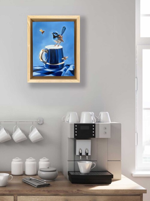 One lum or Two, a superb fairywren holding court on a very fancy cobalt mug, completely ignoring the two bees who have very clearly not been invited. Original art by Jess King Artist