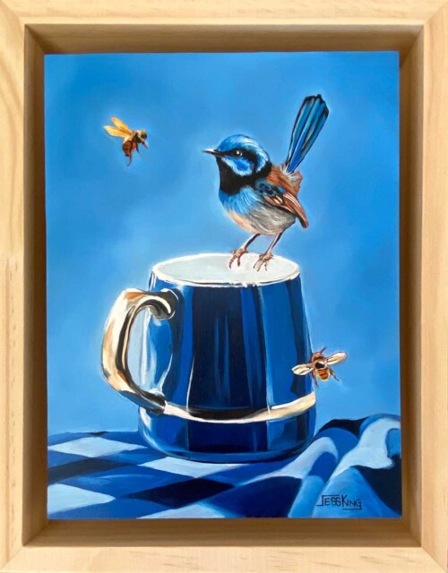 One lum or Two, a superb fairywren holding court on a very fancy cobalt mug, completely ignoring the two bees who have very clearly not been invited. Original art by Jess King Artist