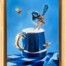 One lum or Two, a superb fairywren holding court on a very fancy cobalt mug, completely ignoring the two bees who have very clearly not been invited. Original art by Jess King Artist