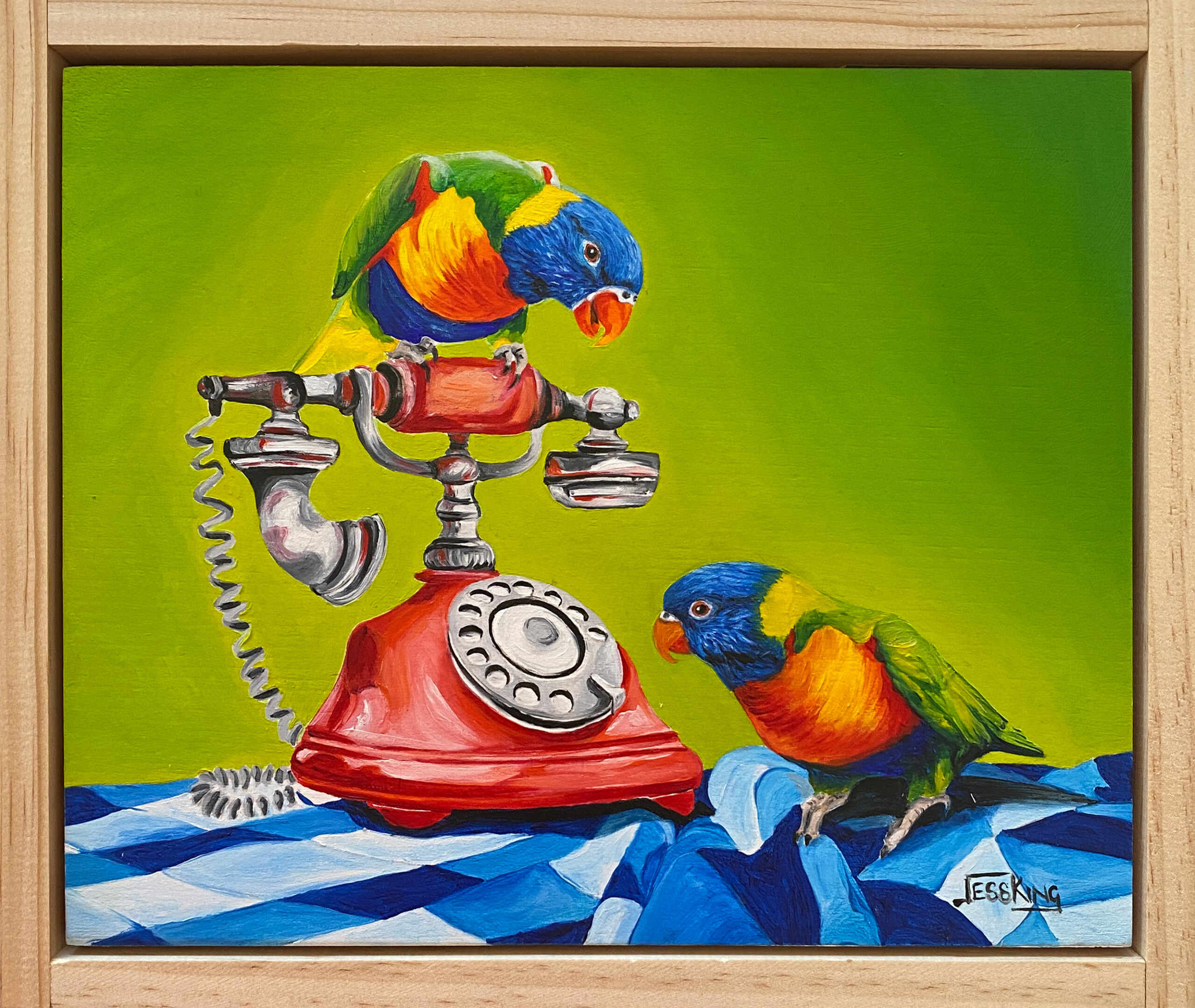 Phone a Friend — rainbow lorikeets and a cherry-red rotary telephone. Original oil painting by Jess King Artist