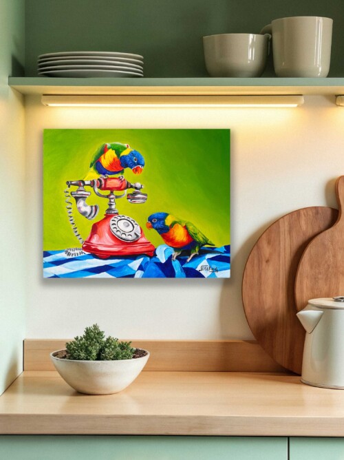 Phone a Friend — rainbow lorikeets and a cherry-red rotary telephone. Original oil painting by Jess King Artist