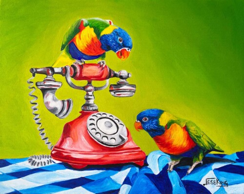 Phone a Friend — rainbow lorikeets and a cherry-red rotary telephone. Original oil painting by Jess King Artist