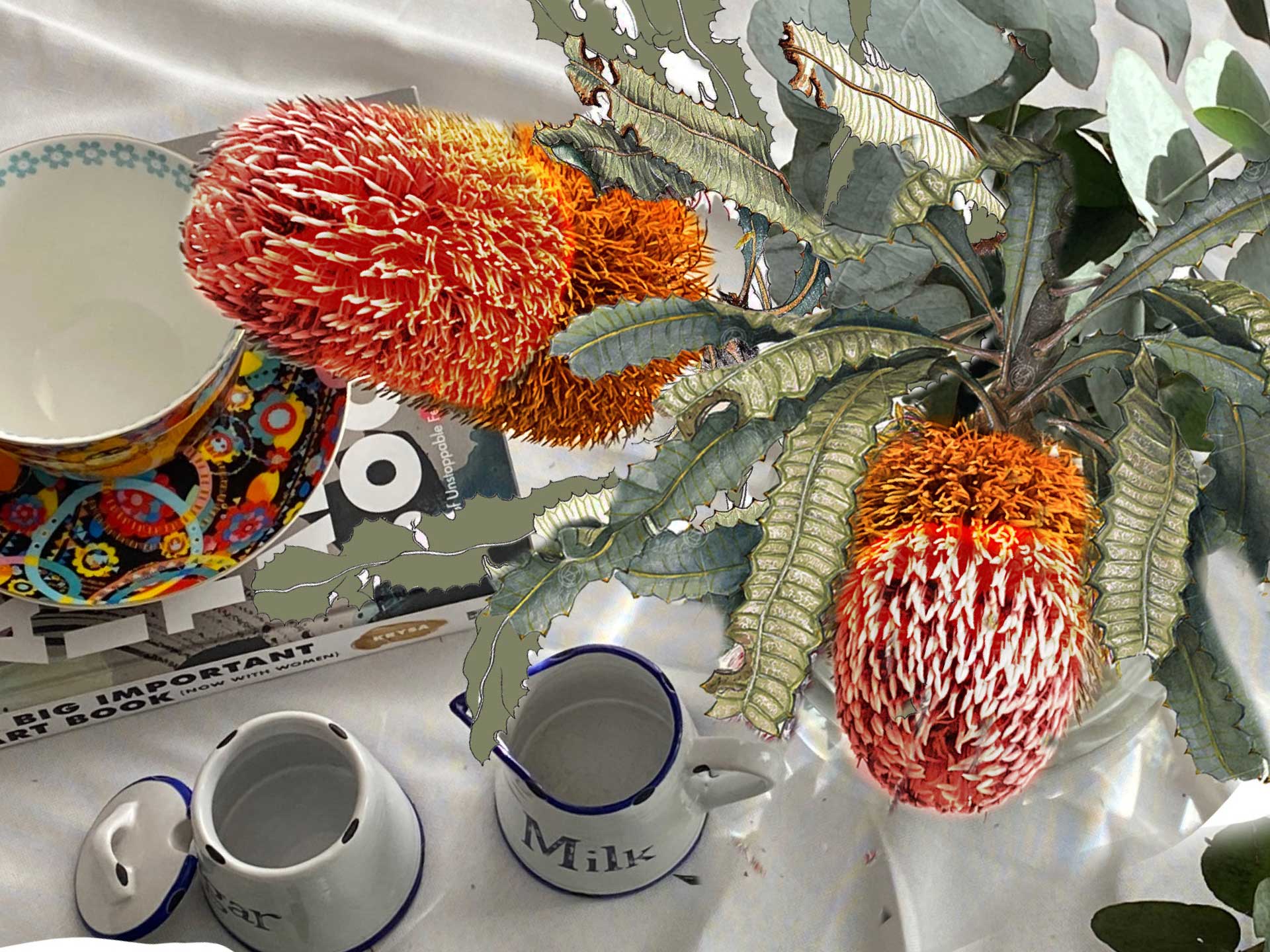Banksia Composition from op shop finds by Jess King Artist