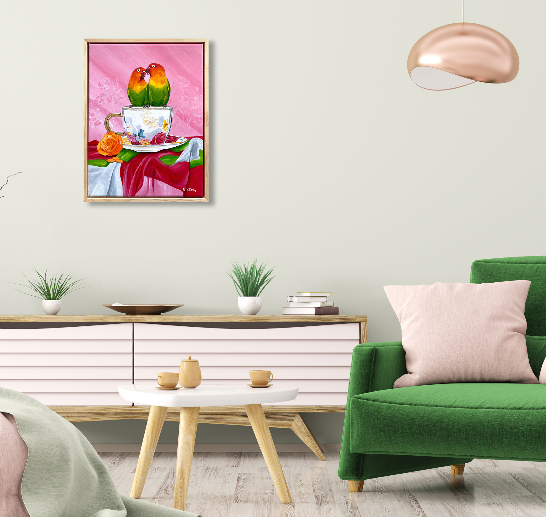 Two love birds percehd on a floral mug on a beuatiful table Cloth original art by Jess King Artist