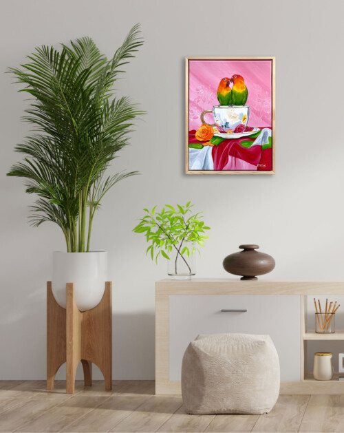 Two love birds percehd on a floral mug on a beuatiful table Cloth original art by Jess King Artist