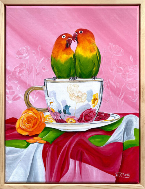 Two love birds percehd on a floral mug on a beuatiful table Cloth original art by Jess King Artist