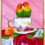 Two love birds percehd on a floral mug on a beuatiful table Cloth original art by Jess King Artist