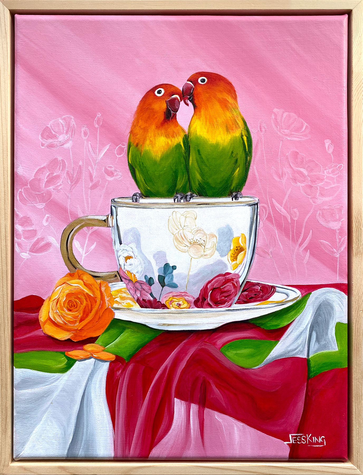 Two love birds percehd on a floral mug on a beuatiful table Cloth original art by Jess King Artist
