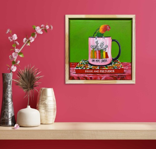 One more chapter original acrylic painting of a lovebird, cup of coffee and book by Jess King Artist