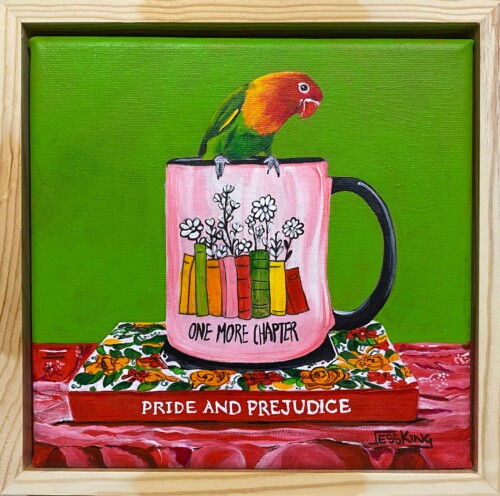 One more chapter original acrylic painting of a lovebird, cup of coffee and book by Jess King Artist