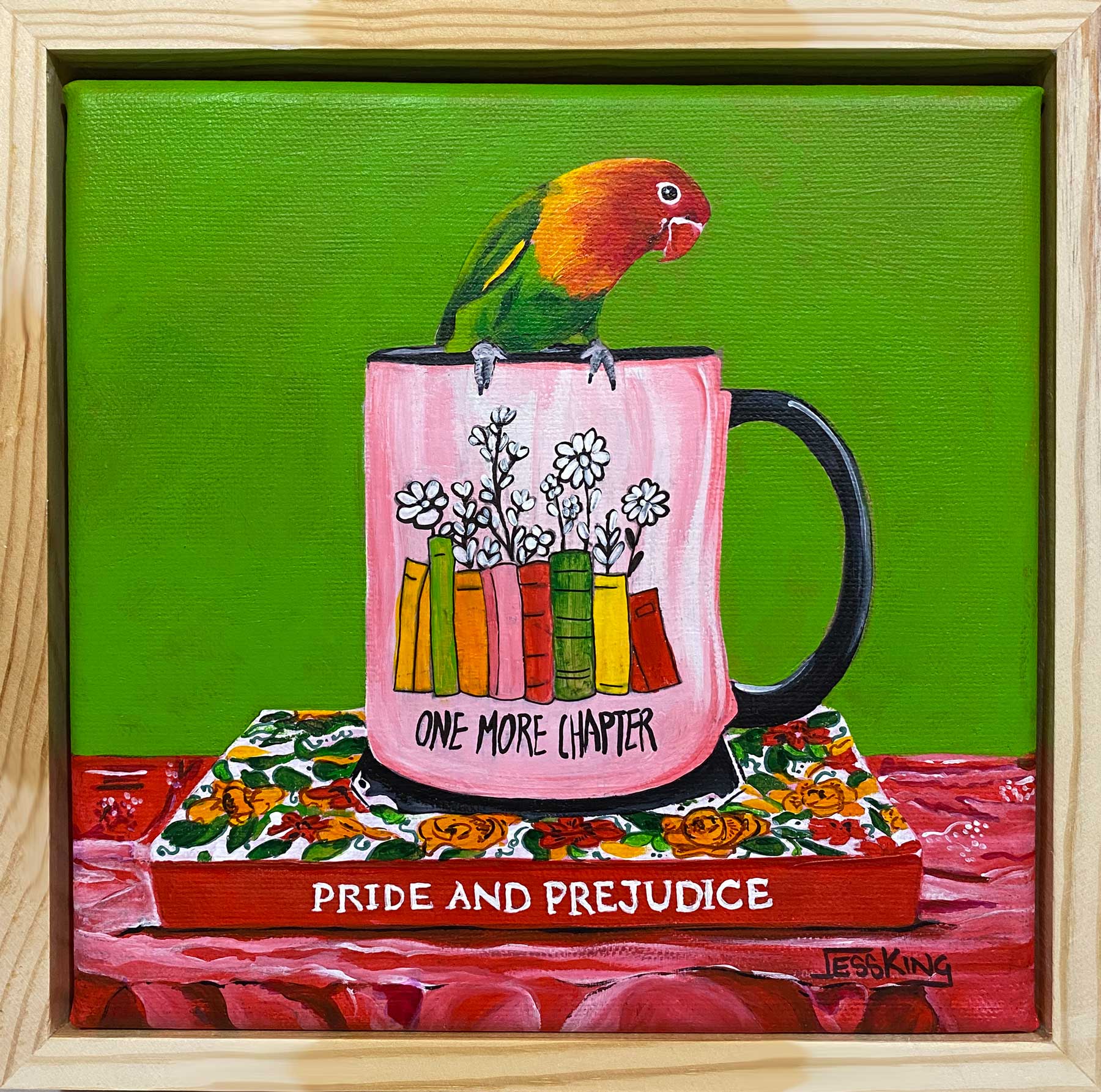 One more chapter original acrylic painting of a lovebird, cup of coffee and book by Jess King Artist
