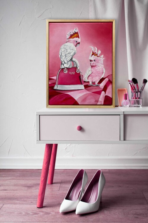 Only One Guess original oils painting of 2 Major Mitchell Cockatoos and a Guess handbag in pink by Jess King Artist