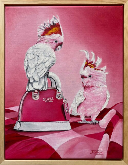 Only One Guess original oils painting of 2 Major Mitchell Cockatoos and a Guess handbag in pink by Jess King Artist