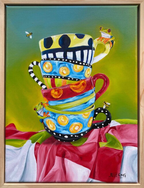 Balancing Act — original oil painting by Jess King of a stacked pile of colourful patterned teacups with two red-eyed tree frogs and two honeybees