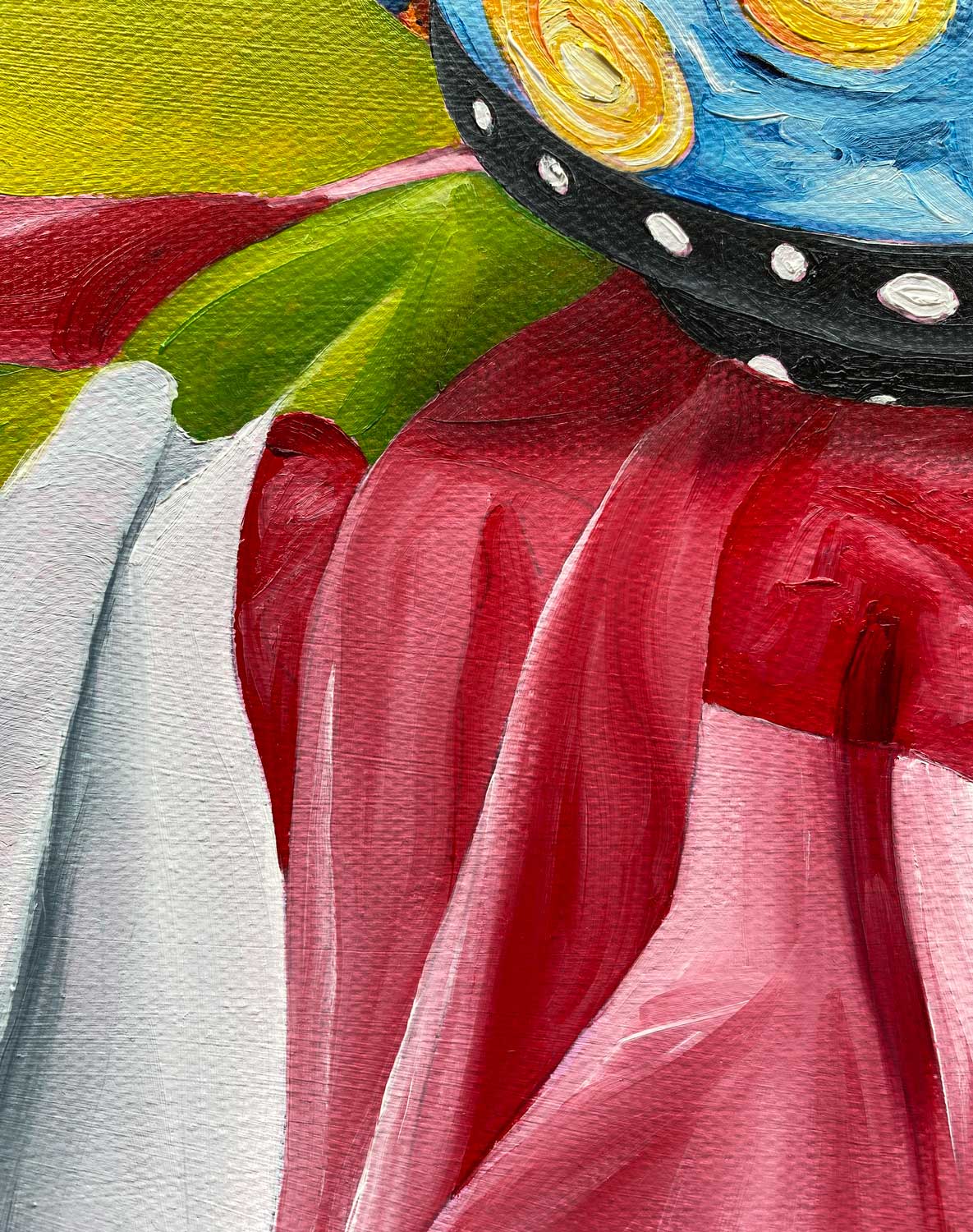 Balancing Act: an original oil painting by Jess King — teetering teacups, red-eyed tree frogs & bees. Brisbane artist, whimsical still life art.