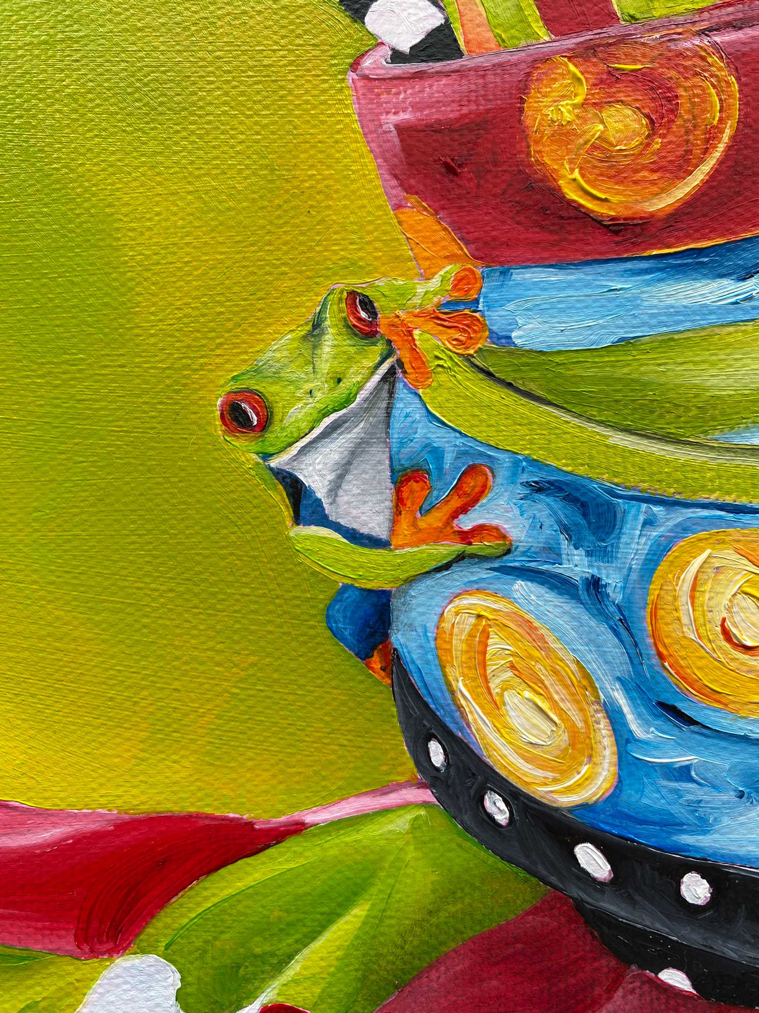 Balancing Act: an original oil painting by Jess King — teetering teacups, red-eyed tree frogs & bees. Brisbane artist, whimsical still life art.