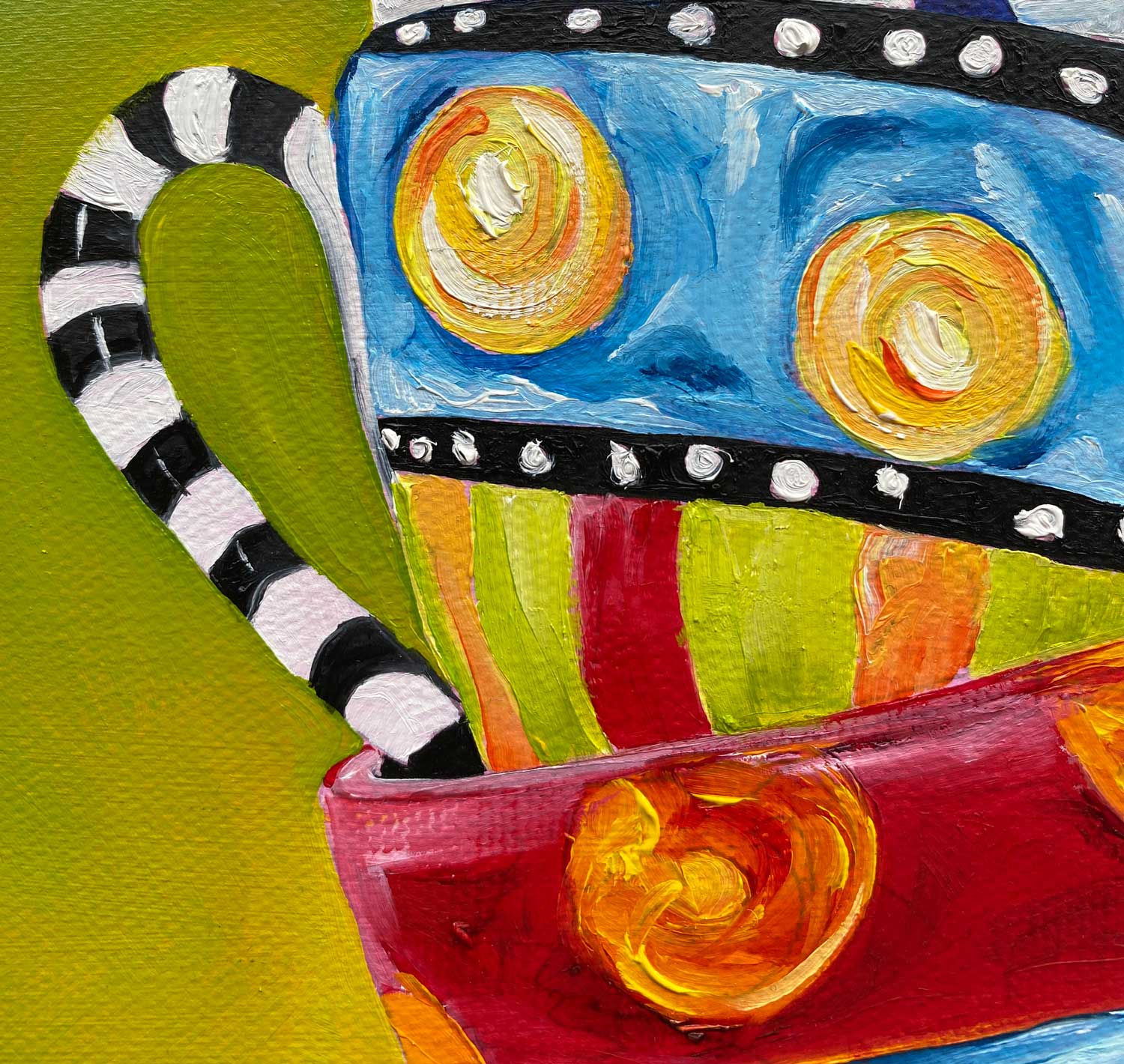 Balancing Act: an original oil painting by Jess King — teetering teacups, red-eyed tree frogs & bees. Brisbane artist, whimsical still life art.