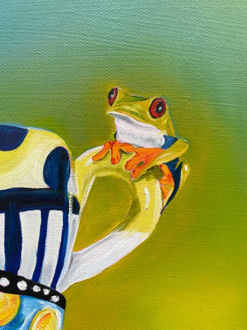 Balancing Act: an original oil painting by Jess King — teetering teacups, red-eyed tree frogs & bees. Brisbane artist, whimsical still life art.